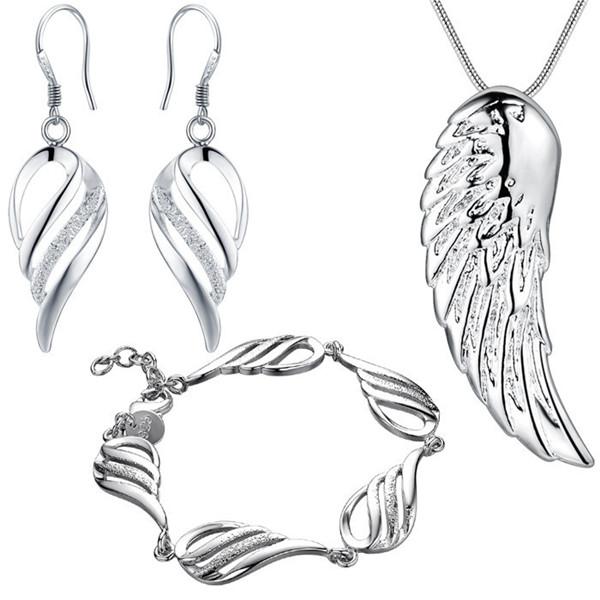 Hot Silver Fashion Jewelry Set Feather pendant necklace & earrings & bracelet for woman pretty cute street style good quality