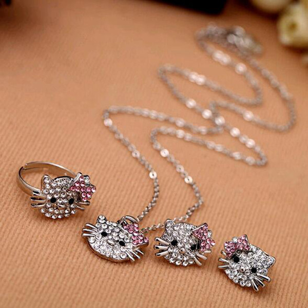 Cheap wholesale Fashion Crystal Cat Stud Earrings Rhinestone Hello Kitty Earrings Bowknot KT Jewelry For Girls Ring,Earring and Necklace Set