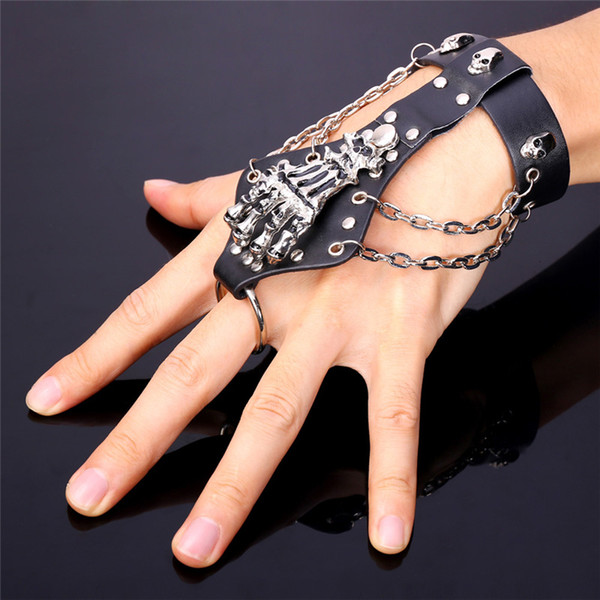 Men's Platinum Plated Cool Skeleton Ring Bracelet Set High Quality Genuine Leather Punk Style Slave Bracelet