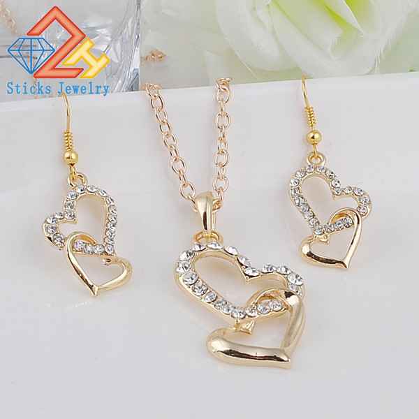 Princess Bride Bridesmaid Romantic Wedding Creative Necklace Earring Set Fashion Luxury Crystal Charm Goldplated Silver Heart Accessories