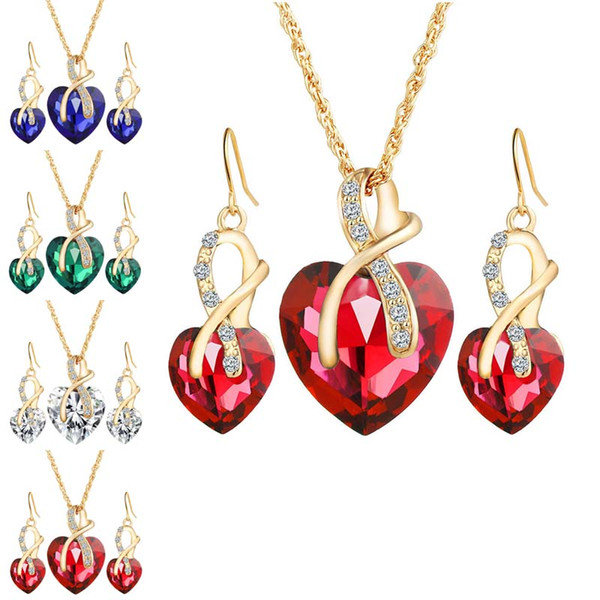 Red Blue Austrian Crystal Heart Necklace Earings Jewelry Sets Gold Chain Women Bride Party Wedding Jewelry Will and Sandy DROP SHIP 162191