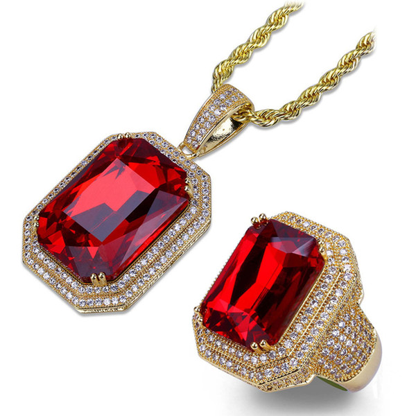 Men's Hip Hop Cubic Zirconia Ruby Rings Pendant Necklace Sets Copper Red Gem Stones Pendants Ring Jewelry Set Stainless Steel Rope Chain