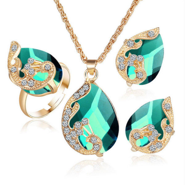 Fashion Austrian Crystal Jewelry Set for Women Rose Gold Color peacock Style Pendant/Earrings/Ring Sets parure bijoux femme