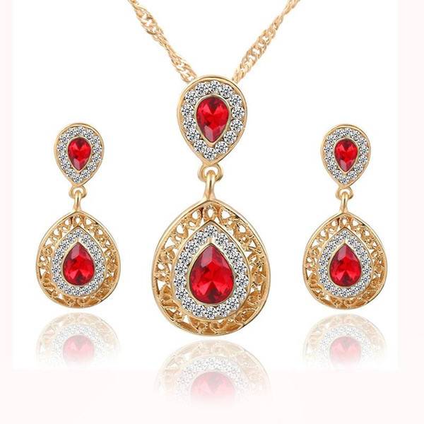 Red Green Crystal Water Drop Necklace Earings Studs Jewelry Sets Gold Chain Women Bridesmaid engagement Party Wedding Jewelry Gift 162192