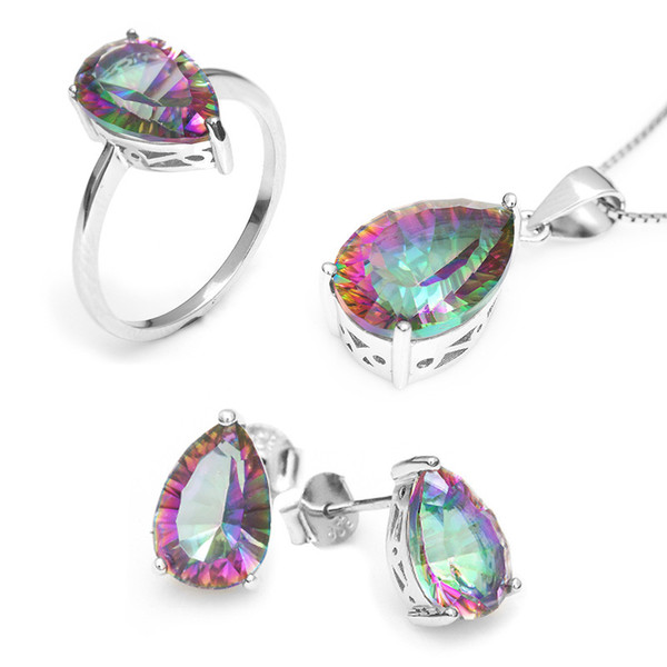 Wholesale Hot Women's Pear 4.5ct Genuine Gem Stone Rainbow Mystic Topaz Pendant Ring Earring Set Solid Pure 925 Sterling Silver