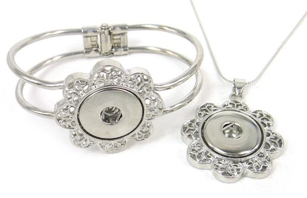 New arrival 1.8-2cm hollow out flower metal press noosa button cuff bangle and snap bangle