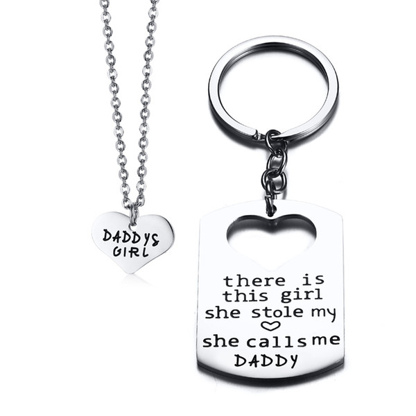 Free Engraving Personalized Father's Gift Hand Stamped Daddy & Daughter Keychain Necklace Set in Stainless Steel