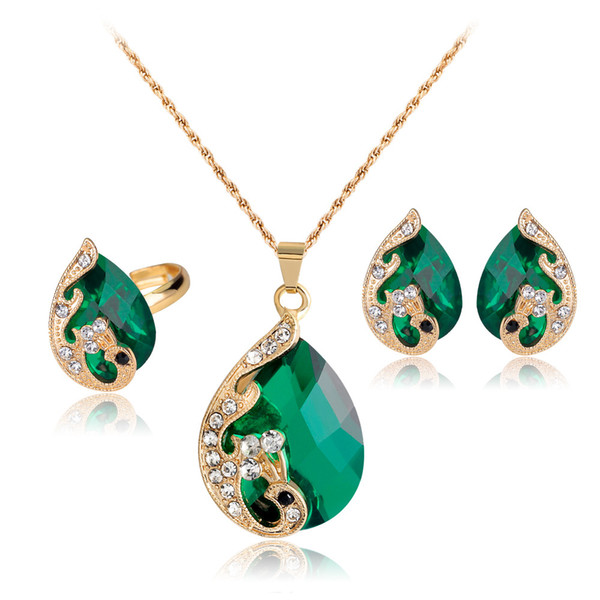 DIY Peacock Earrings+ Ring + Crystal Necklace Female Jewelry Jewelry Suit The Bride