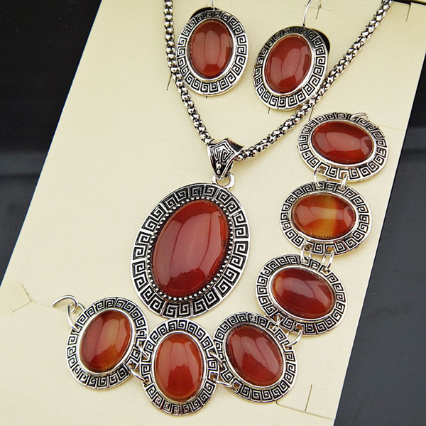 New Arrival 3pcs Vintage Antique Silver Plated Natural Oval Red Agate Stone Earrings Bracelet Necklace Women Jewelry Set A791