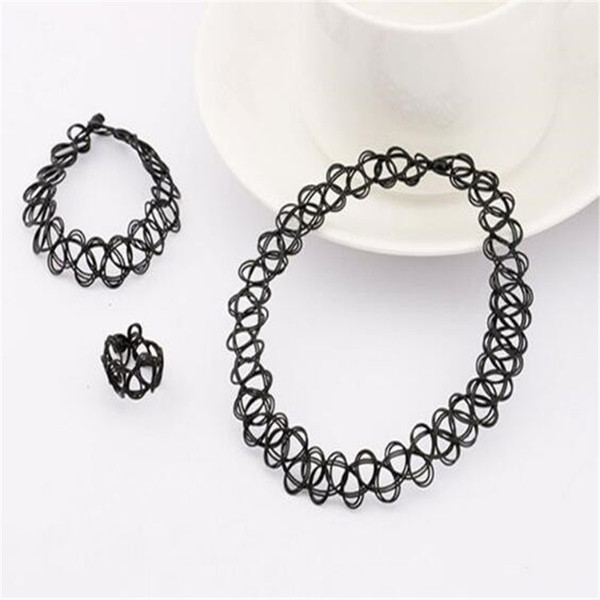 Dhl Handmade Black Vintage Stretch Tattoo Choker Necklace Ring Bracelet Set Hippy Henna Elastic Retro Women Jewelry Set