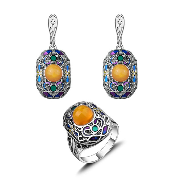 wholesale Antique Silver Color Yellow Resin Jewelry Multicolor Painted Vintage Jewelry Sets For Women Party And Mother Gifts