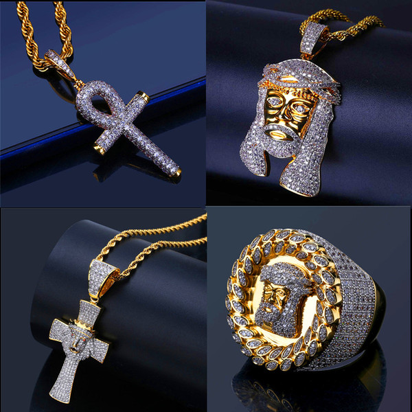 Christ Jesus Head Pendant Necklaces For Men 18K Gold Plated Rings Bling Cubic Zirconia Hiphop Jewelry Set