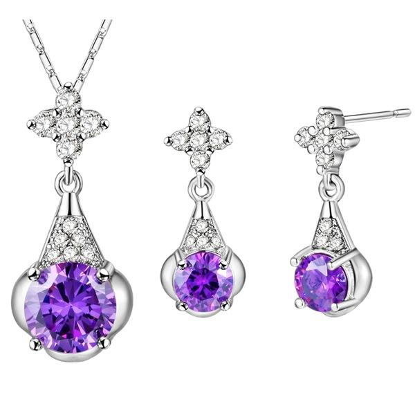 Rhodium plated set 925 Sterling Silver Earrings Necklace NEW crystal set water drop set outlet