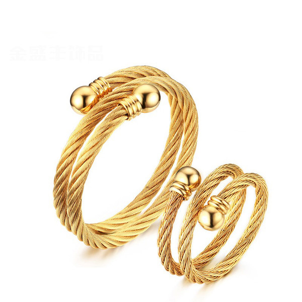 Hot Wire Cable Bracelet Open Bangle Rings Jewlery Sets Gold Plated Double Layer Bangle Rings Jewelry Sets