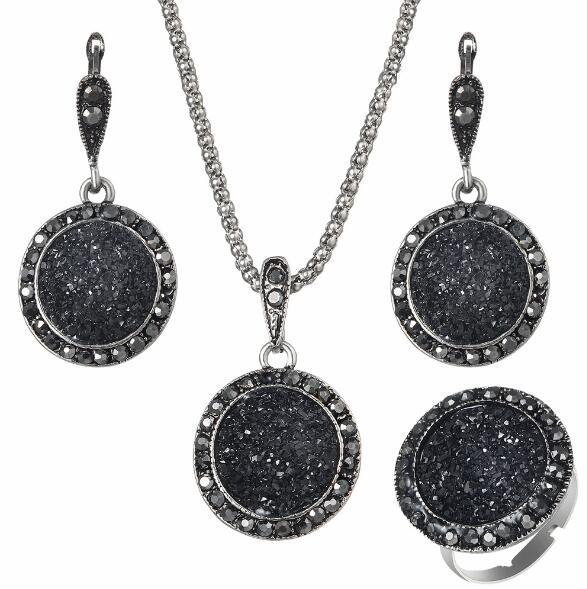 Fashion jewelry set retro black round gravel resin necklace earrings ring set 4pcs/set pendant neckalce earrings ring set