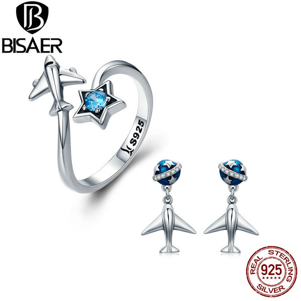 BISAER Jewelry Set 925 Sterling Silver Travel Dream Plant and Plane Bijoux Earrings For Women Jewelry Sets Fashion Jewelry