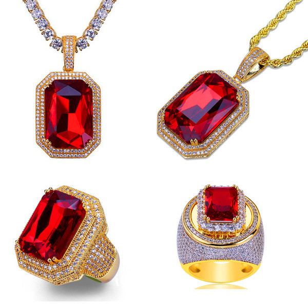 Luxury Hip Hop Jewelry Set Bling Cubic Zirconia Ruby Rings Red Gem Necklace Ice Out CZ Hiphop Pendant Necklaces 18K Gold Plated