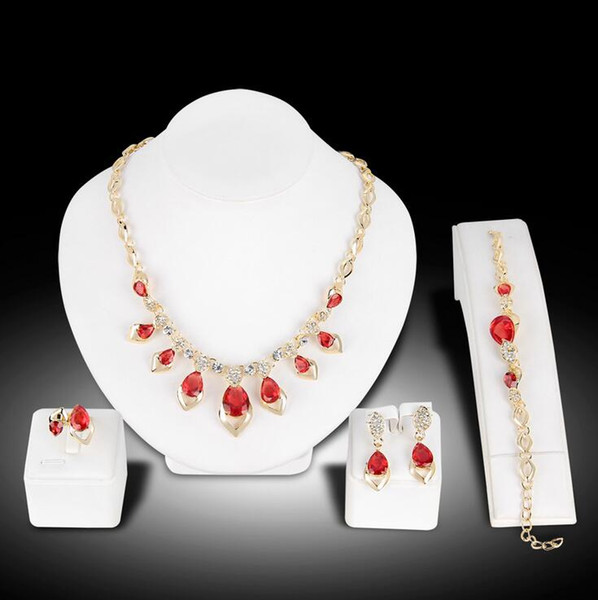 TOP Quality! Women Necklace Sets Red Stones Pendant Necklaces Lady Party Jewelry Ring Earrings Bracelet Necklace Set