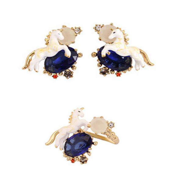 wholesale Animal ring Handmade Enamel blue stone Earring Open gem Ring