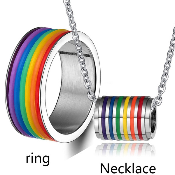 Mens Jewelry Set Stainless Steel Rainbow Rubber Striped Round Ring Choker Necklace Fow Women Gay Pride Lgbt Jewelry