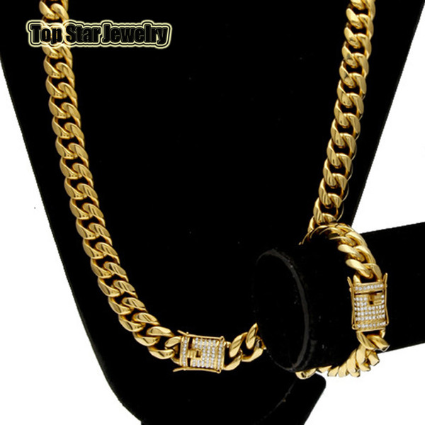 Stainless Steel Jewelry Sets 18K Gold Plated Casting Dragon Clasp W/Diamond Cuban Link Necklace & Bracelet Men Curb Chains K3589