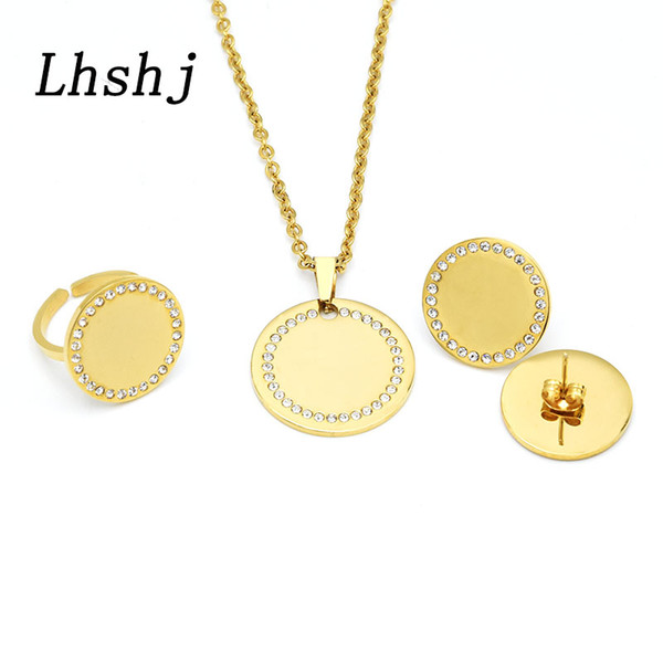 Fashion New round shape pendant necklace for women statement gold earrings jewelry with adjustble ring jewelry set