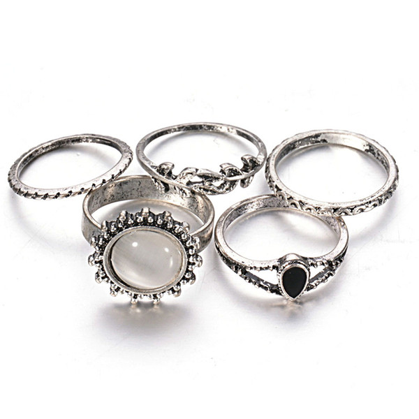 5PCS/SET Retro Personality Luxury Gold Opal Ring Cat Eye Women Ring Silver Jewelry Set Wholesale fashion jewelry