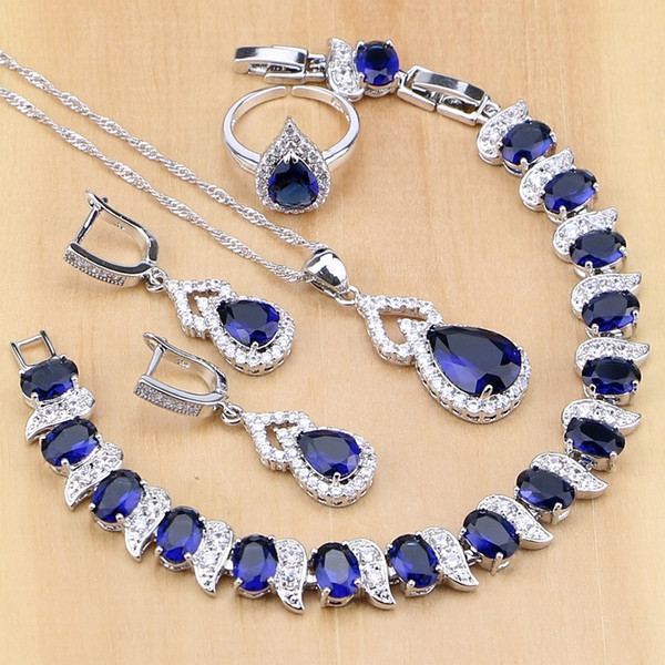 Blue Created Zircon White Crystal 925 Sterling Silver Jewelry Sets For Bridal Open Rings/Earrings/Pendant/Necklace/Bracelet S18101607