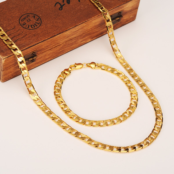 Bangrui 60cm & 21cm Jewelry Sets Men's Fashion Jewelry Trendy Gold 7MM Curb Link Chain Brazil Bracelet Necklace Set Wholesale