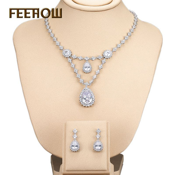 FEEROW Trendy Water Drop Shape CZ Diamond Necklace and Earrings With Platinum Plated Jewelry Set For Party Bijoux Femme FWSP101