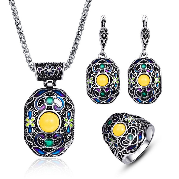 Fashion Alloy Enamel Flower Necklace Earrings ring Jewelry Set Drops of Glaze Double Color Set Women's Retro Fashion Luxury Jewelry Sets