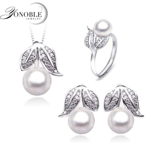 Wholesale-Natural pearl jewelry women Wedding jewelry sets silver,beautiful real pearl jewelry sets 925 for girlfriend birthday gift white