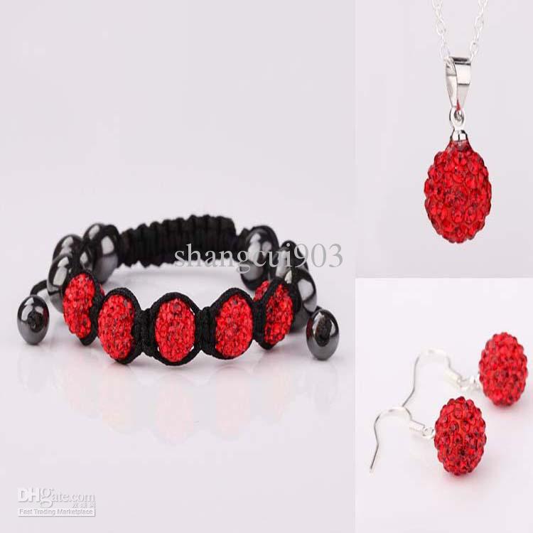 Dazzling 10mm Red Micro Pave Disco Ball Crystal Bead Macrame 5 Balls Bracelet+Necklace+Earrings set