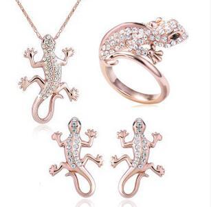 18K gold plated high quality full Rhinestone pendant necklace earrings rings female gecko Jewelry Set 12 sets free shipping