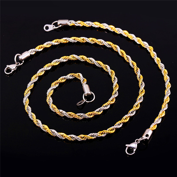 Two Tone Gold Plated Rope Chain Necklace Set Party Jewelry 18K Real Gold Plated/Stainless Steel Necklace Bracelet Men Jewelry Set 3212