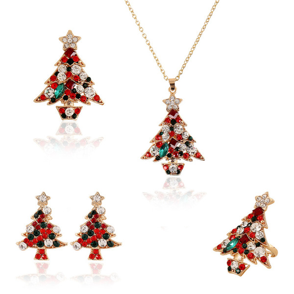 Colorful Christmas Day Tree Pendant Tassel Long Earrings Crystal Tree Earrings Christmas Gift Necklace Earings Jewelry Set