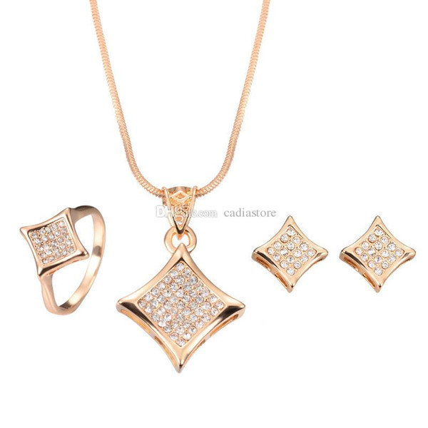 Simple Fashion Jewelry Set Square Rhinestone Gold Necklace And Earring And Ring Set Snowpear C00582 FASH