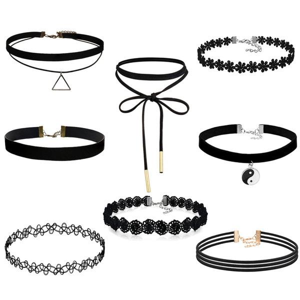 FIBO STEEL 8-10PCS Womens Black Velvet Choker Necklace for Girls Lace Choker Tattoo Necklace