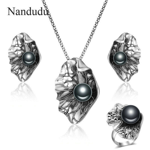 Nandudu High Quality Antique Black Pearl Leaf Big Earrings Ring Necklace Jewelry Sets For Women Retro Punk Thai Silver Jewelry J 190509