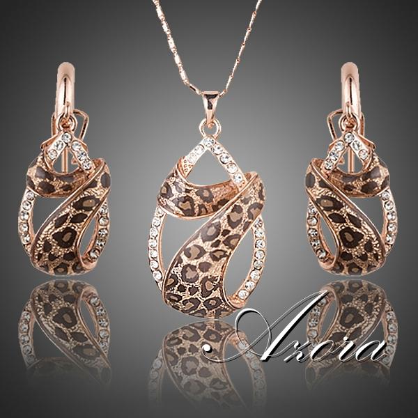 Wholesale-AZORA Rose Gold Plated Austrian Crystals Water Drop Twining With Leopard Riband Earrings and Necklace Jewelry Sets TG0194