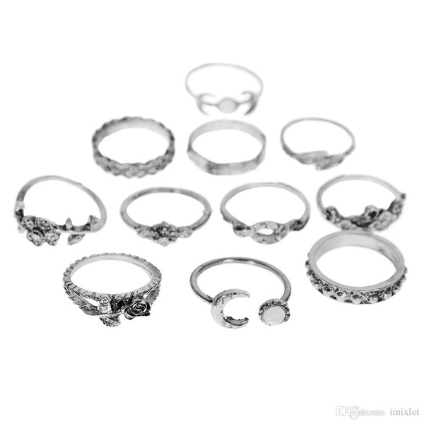 11Pcs/Set Flowers Moon Band Above Middle Knuckle Alloy Rings Set Vintage Bohemia Ring for Women JRC0106