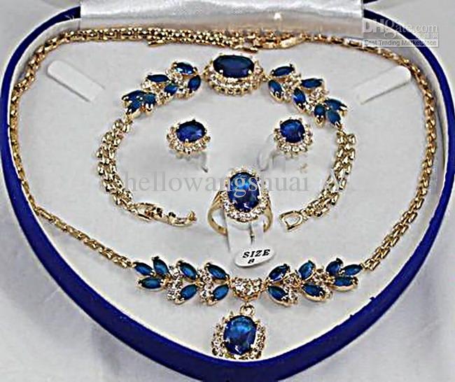 wholesale Fashion 18K GP blue Jade crystal Necklace Bracelet Earring Ring Sets Jewelry Sets