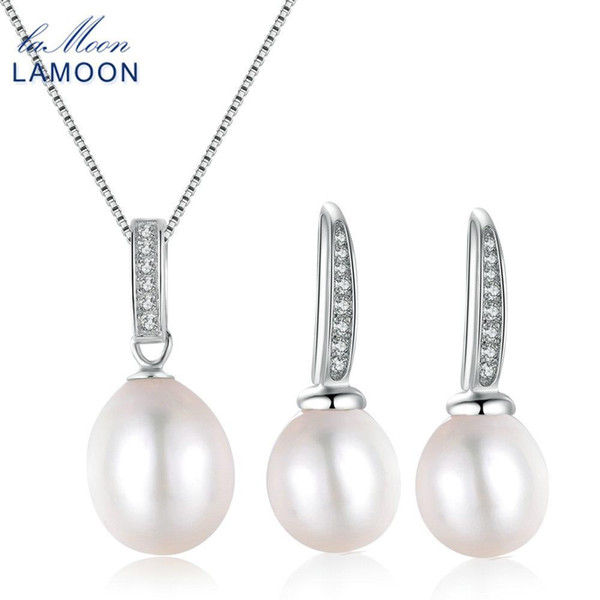 LAMOON Round Pearl 7.2ct 100% Natural Freshwater Pearl 925 Sterling Silver Jewelry S925 Jewelry Set V020-1Y1882701