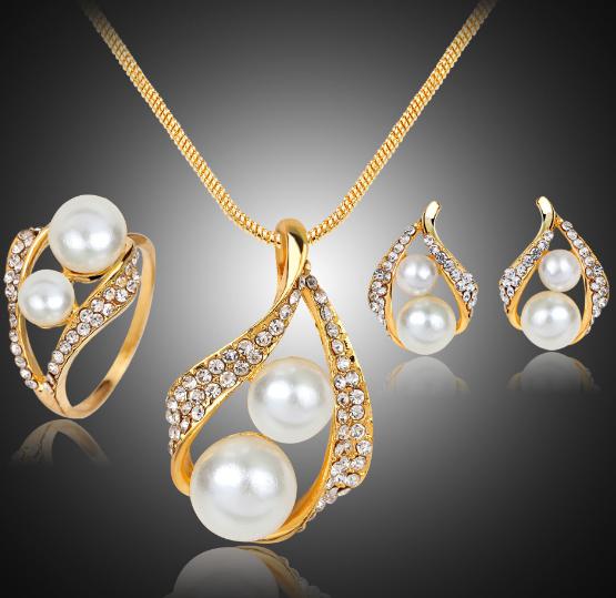 European and American hot selling Earring Necklace, ring, ring, ring and Pearl three pieces Trendy bridal pearl suit