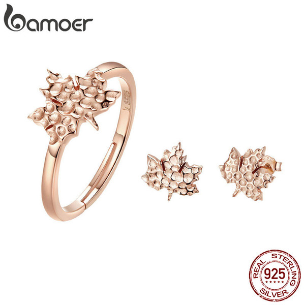 2PCS Jewelry Sets 925 Sterling Silver Rose Gold Plated Maple Leaves Leaf Ring Stud Earrings Fashion Fine for Women Anniversary Birthday Gift