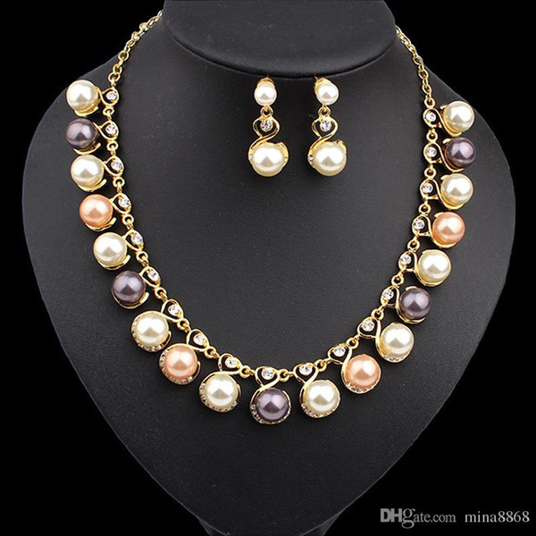 Trendy Colorful Imitation Pearls Necklace Earrings Wedding Jewelry Sets Cream Glass Pearl and Disco Rhinestone Ball Women Bridal Sets