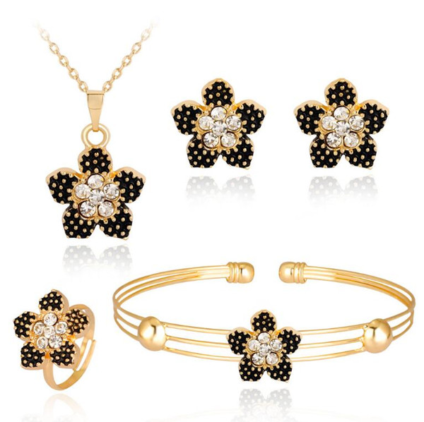 4pcs/set Black Flower Pendant Necklace Small Flower Earrings Ring Bracelet&Bangle Gold Color Chain Jewelry Set