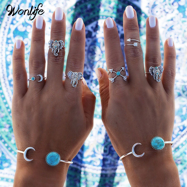 2017 4pcs /Pack Boho Retro Elephant Blue gem Rings Lucky Stackable Midi Adjustable Size Rings Set for Women Party