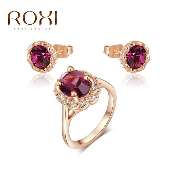 ROXI 2017 New Happiness Green/Red Crystal Stud Earrings/Ring Rose Gold Plated Wedding Jewelry Set Romantic Gift