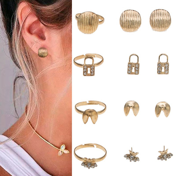 8-piece set Simple Stud earrings + ringwholesale gift Precious stones fashion metal Female beat earrings alloy Jewelry